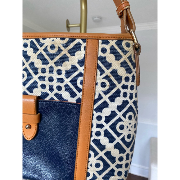 Spartina 449 Linen Leather Bag Daufuskie Island Geo Canvas Coastal Resort Prep - Picture 5 of 10